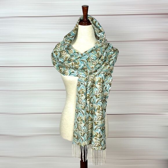 Precious Fibers Cashmere Oblong Scarf With Fringe Turquoise Brown Paisley - Picture 7 of 10